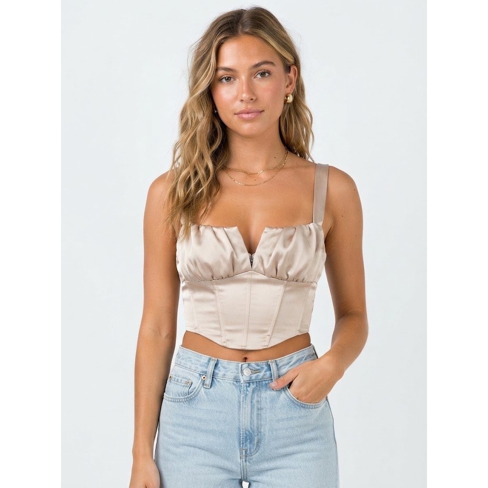 Garage Corset Top Womens XS Champagne Gold Excellent Satin Boned Crop Bustier